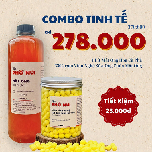 Combo Tinh Tế - 1 Lít Mật Ong Hoa Cà Phê + 330 Gram Viên Tinh Nghệ Sữa Ong Chúa Mật Ong