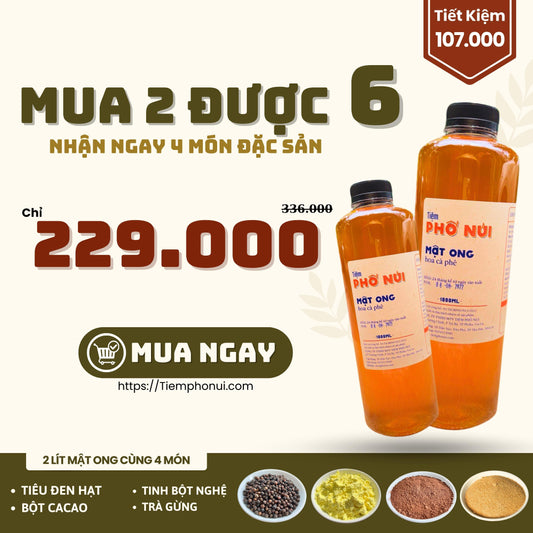 Combo Sum Vầy - 2 Lít Mật Ong Hoa Cà Phê + 100gram Trà Gừng + 100gram Tinh Bột Nghệ + 100gram Bột CaCao + 100gram Tiêu Đen